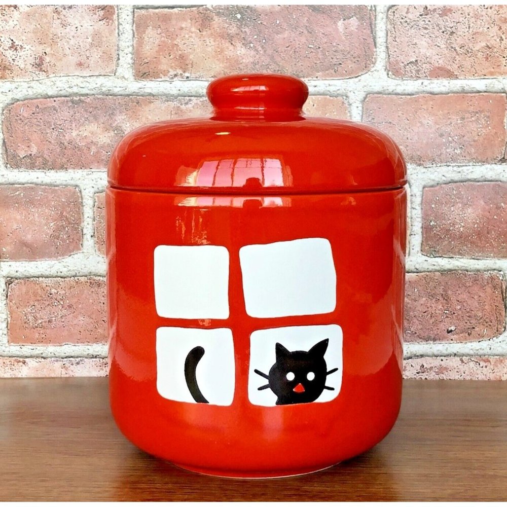 9" Vtg Waechtersbach Cat in Window Red Cookie Treat Jar Canister Stoneware MCM